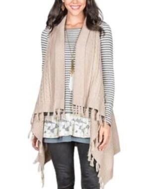 Matilda Jane Women's Mind's Eye Taupe Cable Knit Tasseled Cardigan Size Small